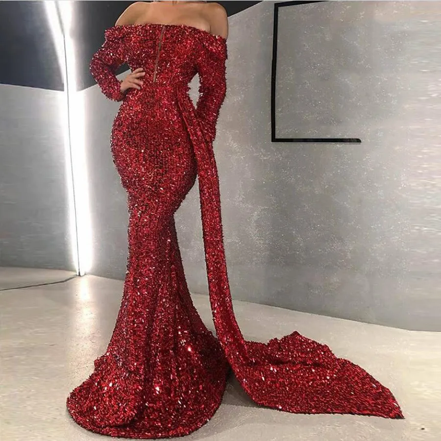 

Evening Dresses 2020 mermaid For Women Dubai Turkey red sequined Formal party Night Prom Gowns sexy luxury long sleeve