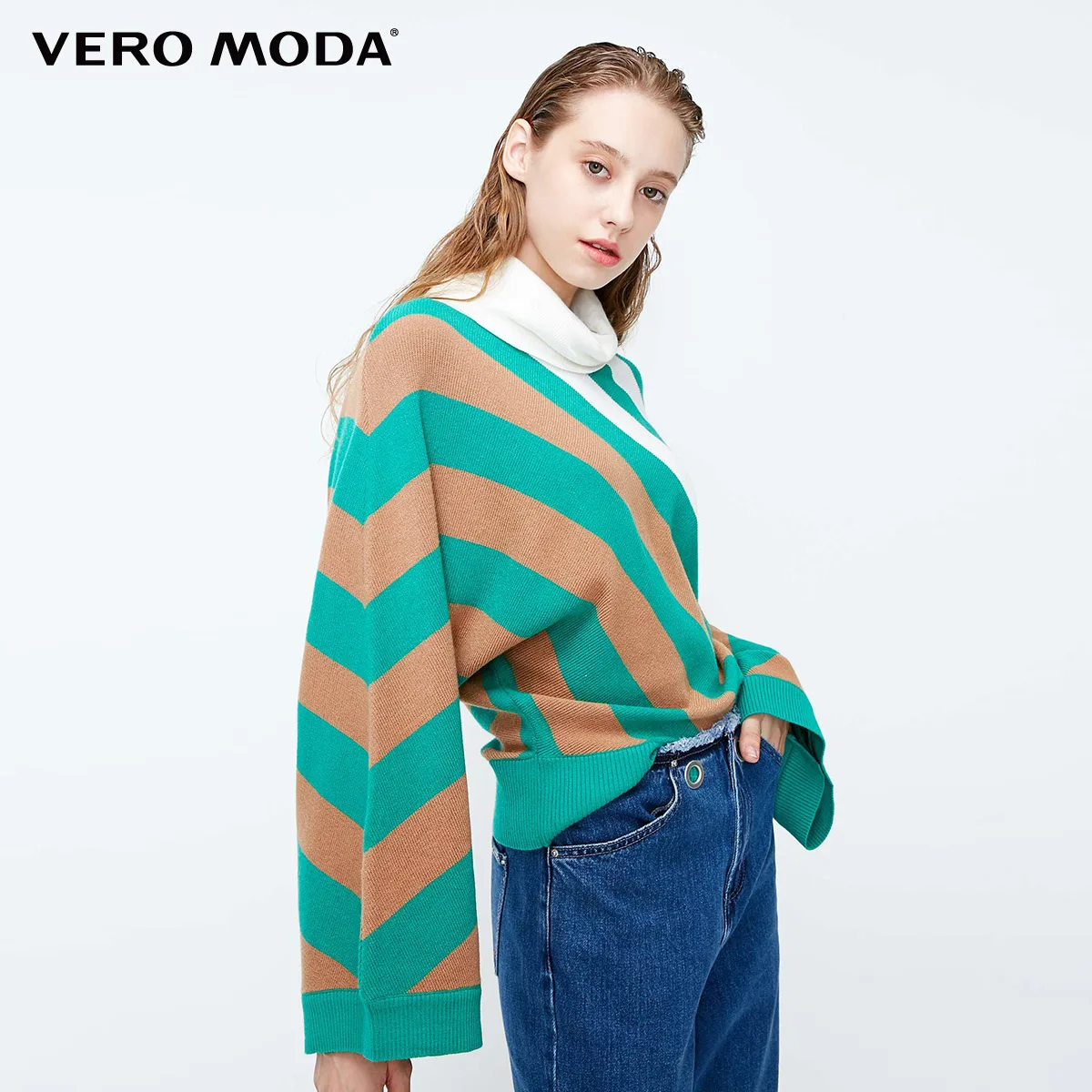 Vero Moda женский полосатый вязаный свитер с короткими рукавами | 318324549 - Цвет: Tribal green