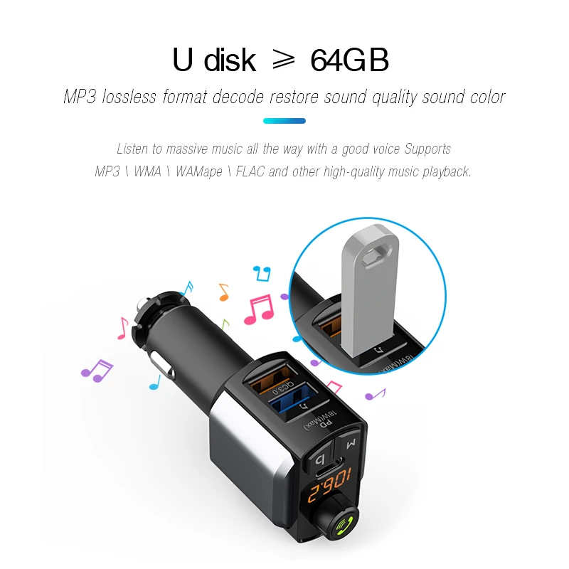 Автомобильный Bluetooth 5 0 автомобильный комплект 3USB PD QC3.0 быстрое зарядное