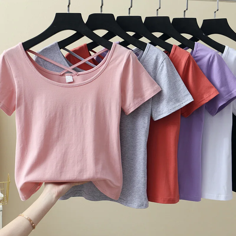 

White Short-sleeved T-shirt Women's Summer U-neck Short Sleeve 2021 New Slim Big Low Neckline Back Cross Straps T-shirts