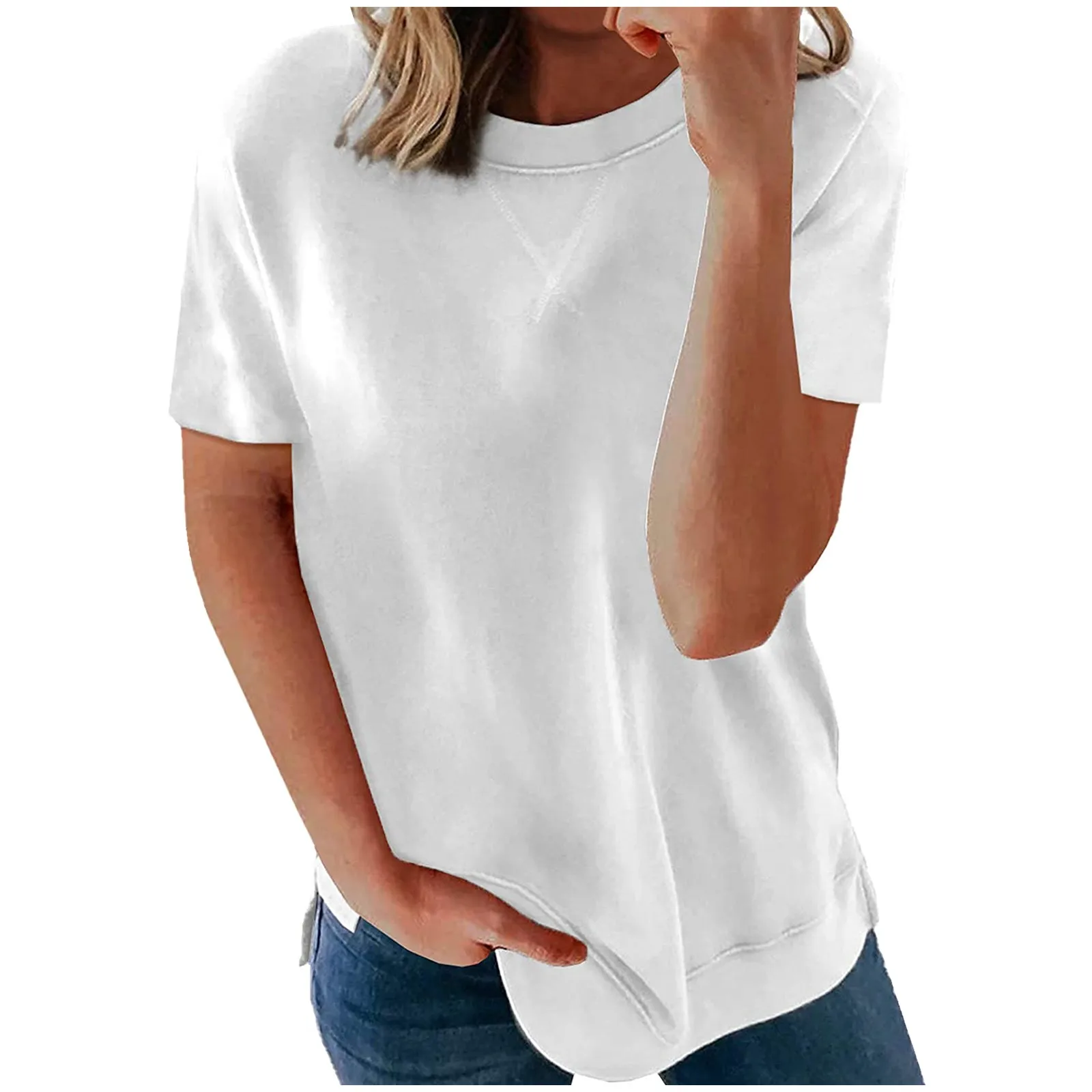 

Fashion Women's Loose Blouse Shirt Summer Short Sleeve Shirt O Neck Solid Color Tops Female Casual Black White Basic Blouse Tops