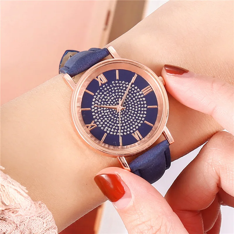

2021 New Women Watch Imitation Leather Belt Watch Star Sky Dial Clock Quartz Wrist Watches Ladies Casual Mesh Belt Wristwatch