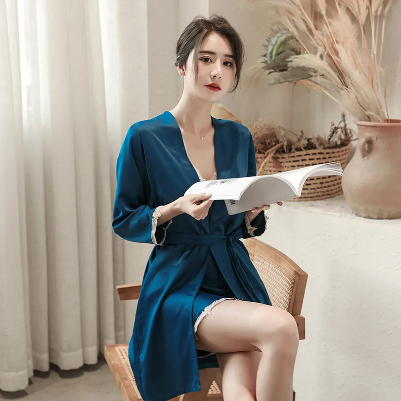 

Strap 2PCS Robe&Nighty Sets Sexy Satin Lace Nightgown Casual Cardigan Kimono Gown Female Summer Intimate Lingerie Lounge Suits