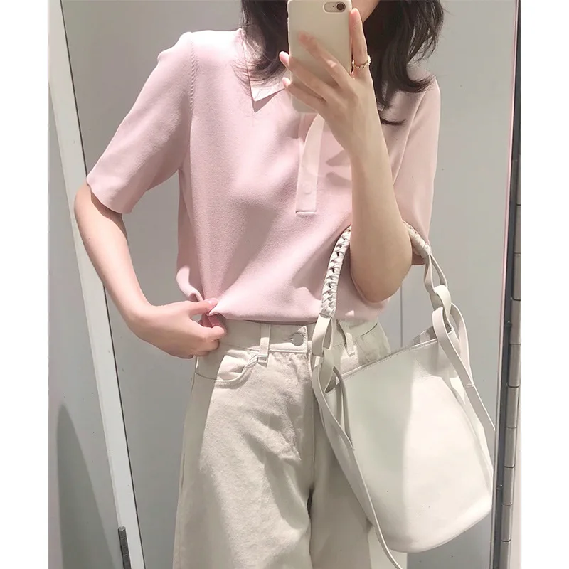 

2021 summer new POLO collar sleeves straight solid color breathable casual simple business shirt women