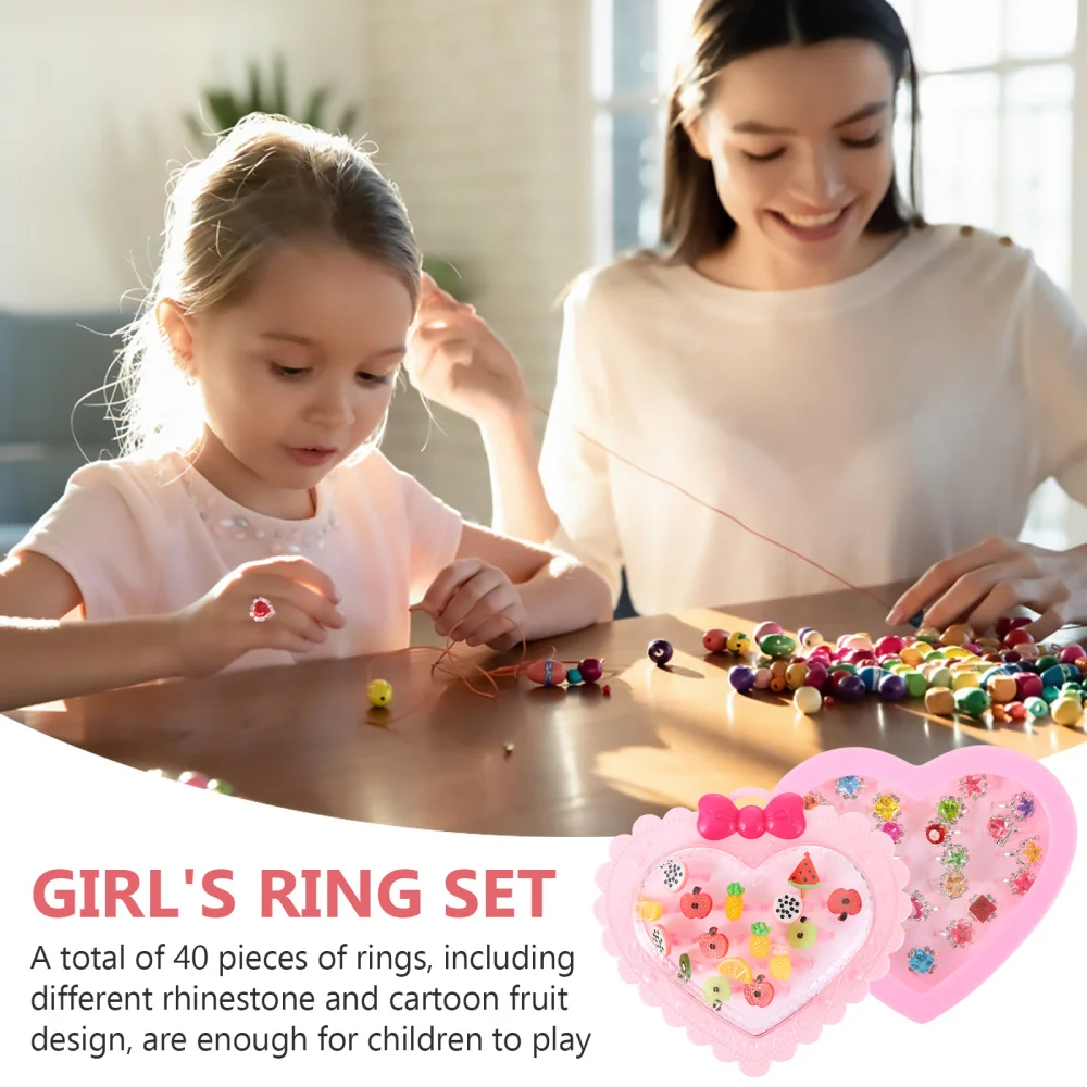 

40pcs Cartoon Fruit Rings Children's Rings with a Heart Shaped Box