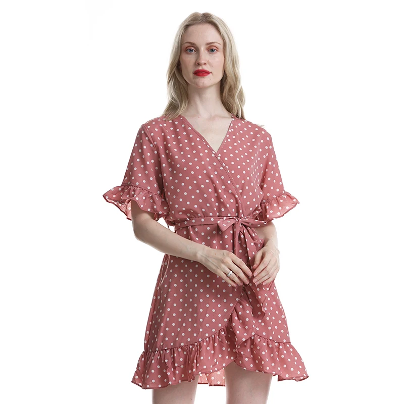 

Dot Print Dress Women Sexy Wrap Bodycon Casual Rustic Summer Style Boho robe Resort High Waist Pink Dresses vestidos