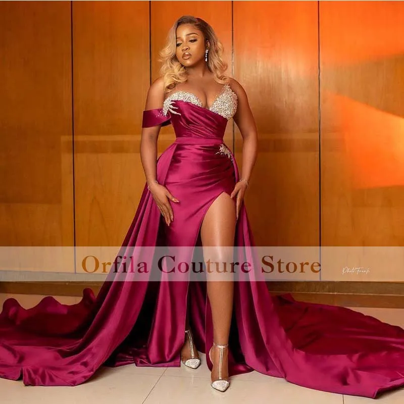 

Aso Ebi Caftan Purple Formal Evening Dress 2021 Scoop Beads Split With Detachable Train Girl Prom Dress robes de cocktail