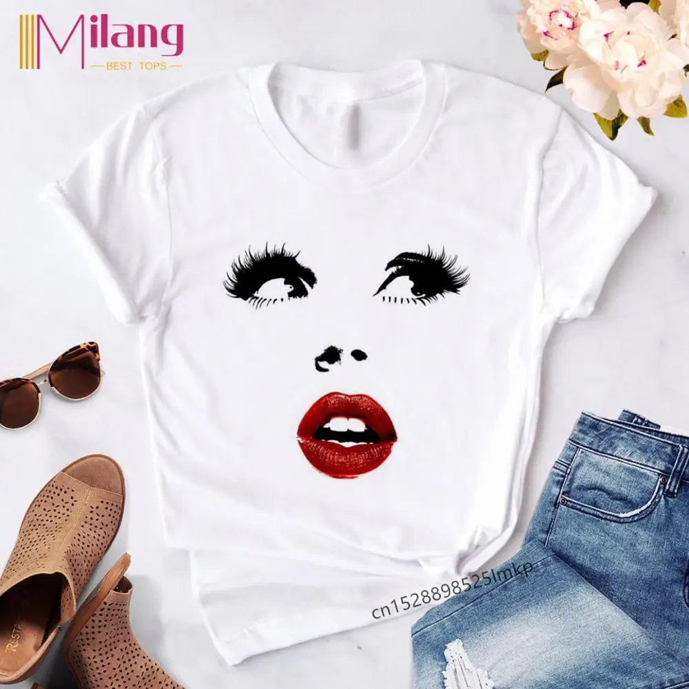 Женские футболки с принтом для макияжа лица женские красными губами в стиле