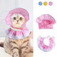 pet cat fabric lace scarf hat set cute polka dot saliva towel pet lace hat for cat dress upcat scarf hat decoration accessories
