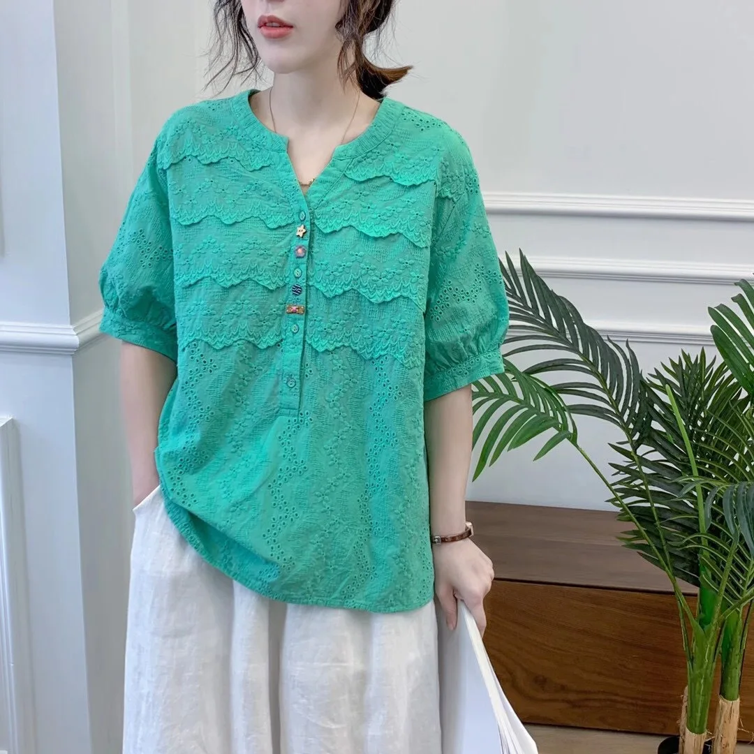 

2021 Summer New solid embroidery top shirt women V neck Casual Top airuibao