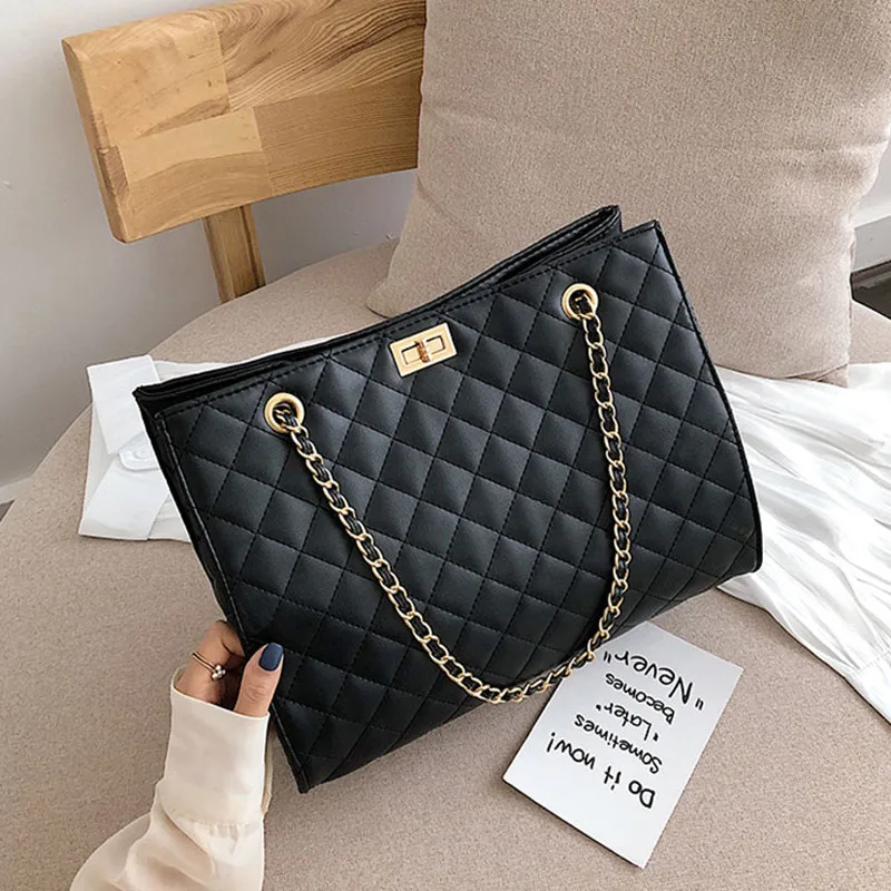 

Black Big Tote Bags for Women Chain Crossbody Bag Diamond Lattice Shoulder Bag Female Large Leather Plaid Shopper Handbags Sac