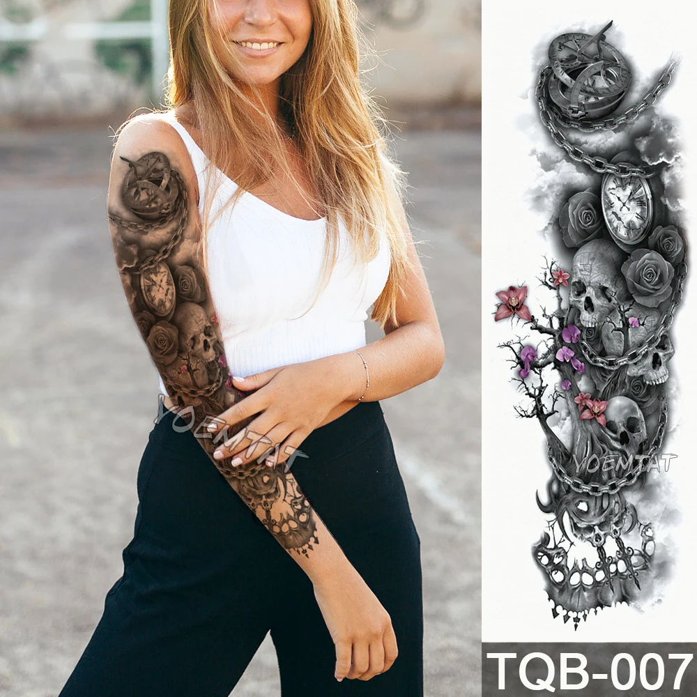 

5 Pieces Temporary Tattoo Sticker For Adult Wholesale Skull Clock Rose Flower Full Arm Tatoo Body Art Large Sleeve Fake Tattoo