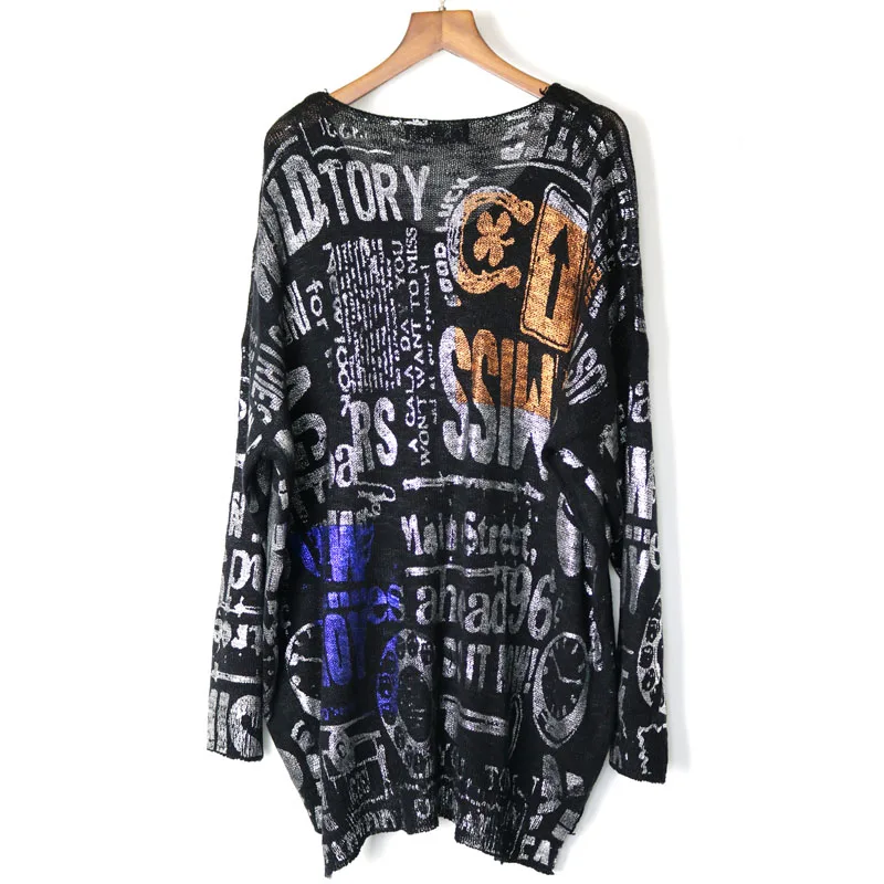 Street wear Letter Printed Long Knitted Wear Tops Women Metallic Color V neck Sweater Plus Size Loose Tunic | Водолазки