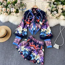 2021Fashion Chic Two Piece Set Womens Suit Printed Long Sleeve Blouse Tops And High Waist Shorts Female Office Suit Outfits