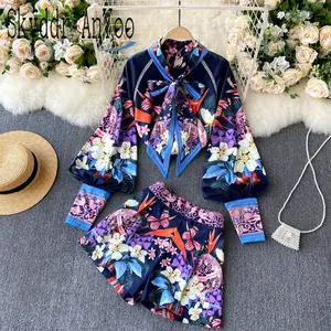 2021fashion chic two piece set womens suit printed long sleeve blouse tops and high waist shorts female office suit outfits free global shipping