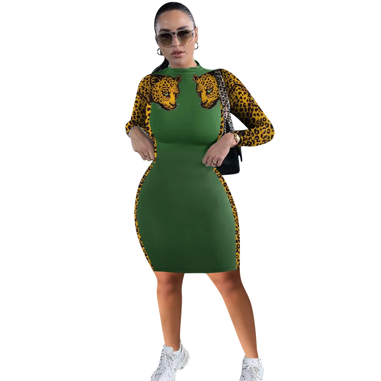 

Cutubly O-Neck Long Sleeve Sexy Bodycon Dress Fashion Autumn Side Animal Print Mini Dress Pullover Club Casual Party Dresses