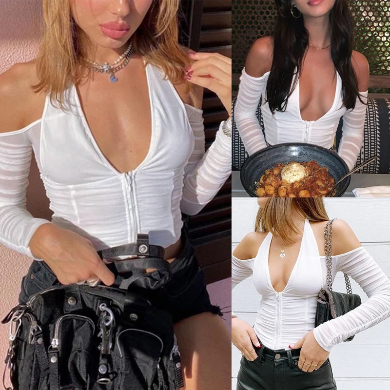 

Long Sleeve Summer Crop Top Women White Casual Basic T Shirt Off Shoulder Cami Sexy Backless T-Shirt