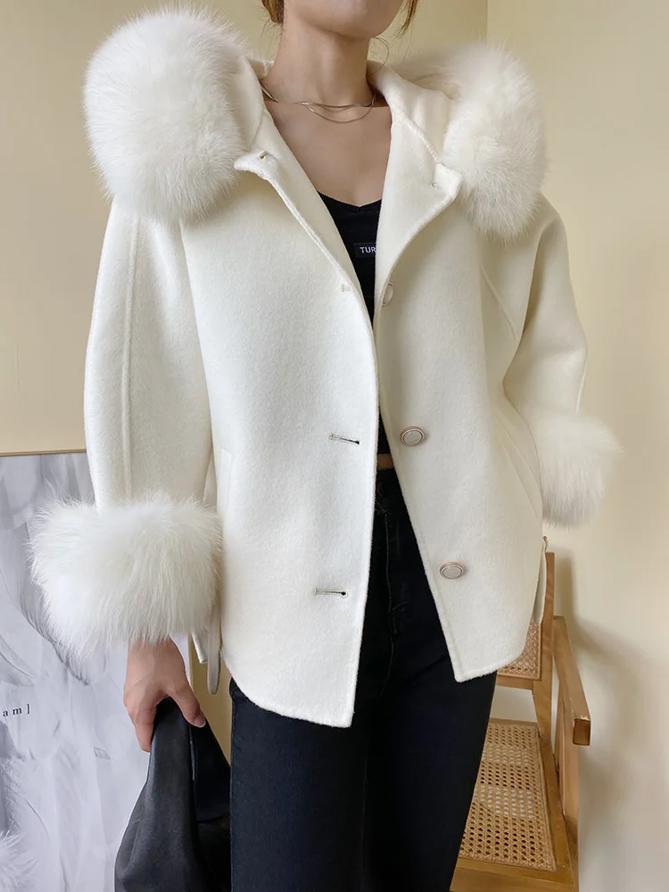 

New 2023 Women real fur woolen coats Ladies Real fox fur jackets Coat Women's Korean Graceful Mid-Length Woolen Coat DS07