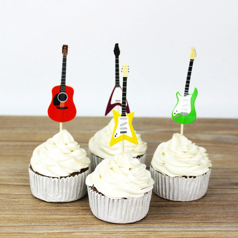 

24PCS Guitar Shaped Cupcake Toppers For Kids Birthday Cake Decor Paper Cake Topper Music Theme Party Supplies