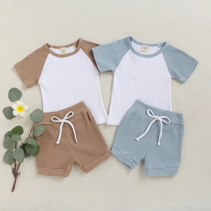 

Didi Kids 2020 New Arrival Kids Clothes Baby Girls T-Shirt Sets Summer Boys Pants Shorts Patchwork Ribbed Outfit Toddler Pajamas
