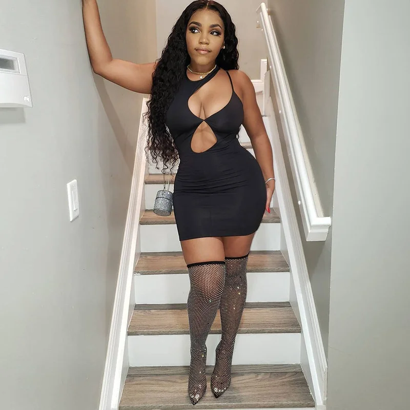 

2021 Sleeveless Hollow Out Sexy Mini Dress Summer Women Fashion Streetwear Outfits Bodycon Nude Y2K Clothing