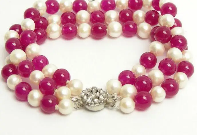 Настоящий 3 рядный круглый белый FW жемчужный красный Жадеит браслет|Браслеты| |