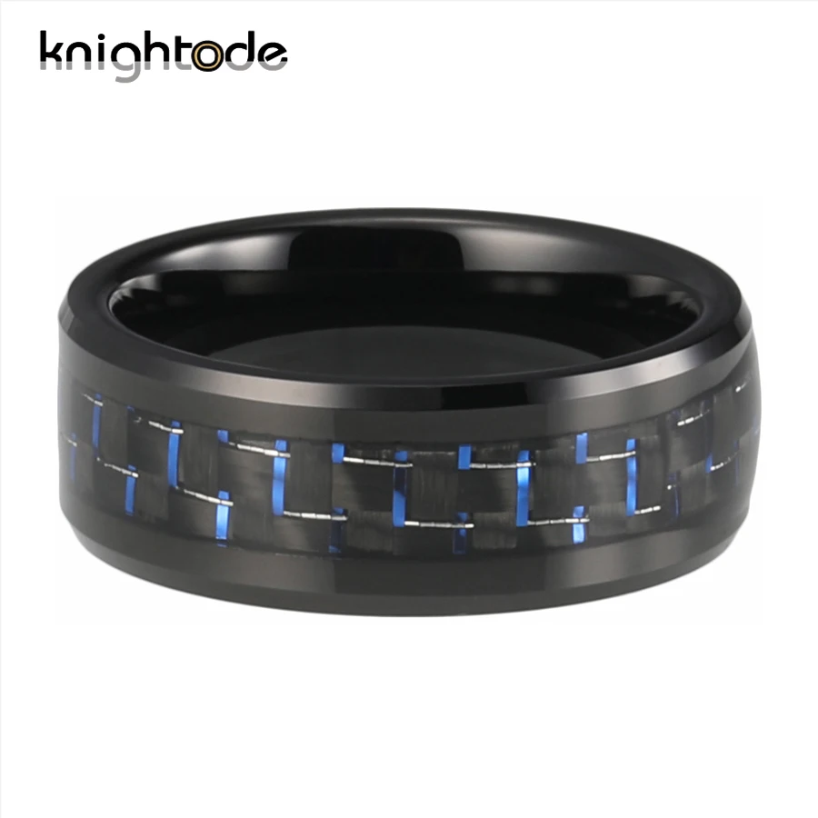 Модные кольца из черного карбида вольфрама 8 мм синие/черные вставки углеродного