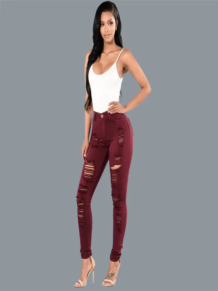 

2022 Fashion Ripped Slim Fit Jeans Women Slim Multi-color Pencil Pants High Waist Vintage Streetwear Trousers Female JD2244