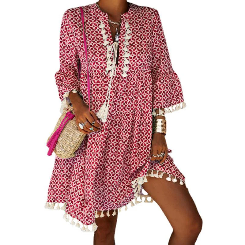 

Women's Floral Half Sleeve Tassel V-neck Loose Dress Summer Sexy Cool Holiday Party Beach Vacation Dress Breathable Soft Dress
