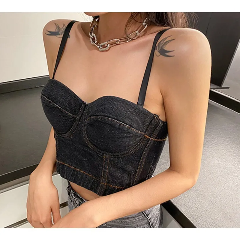 

Sexy short Denim top women vintage summer tops woman top party club outfits womens tank top t shirt bustier 2021