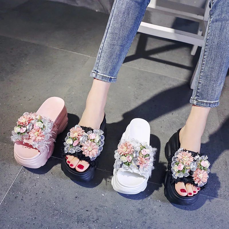 

8.5cm Height Women's Summer Casual Shoes Fashion Crystal Flowers Wedge Slides Sweet Girl Chunky Sandals Open Toed Beach Slippers