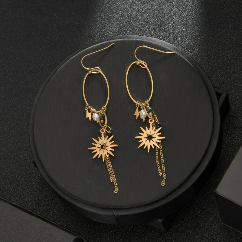 European And American Popular Women's Stainless Steel 14k Gold Earrings Sunflower Pearl Chain Tassel Bohemian Wind Ear Jewelry