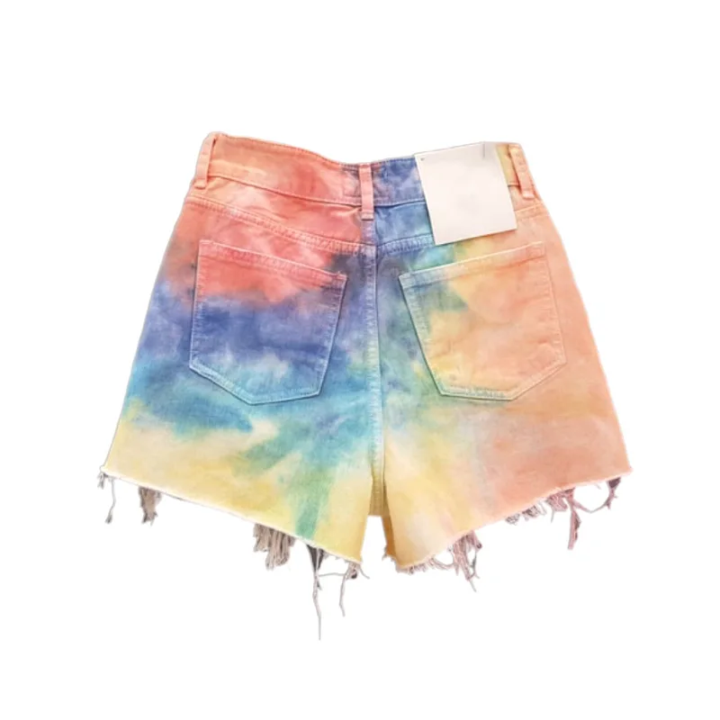 Summer Shorts Rainbow Ladies Candy Girl Tie-Dye All-Match Color-Changing Jeans Fashion Straight-Leg Ripped Pants 2021 Tassel
