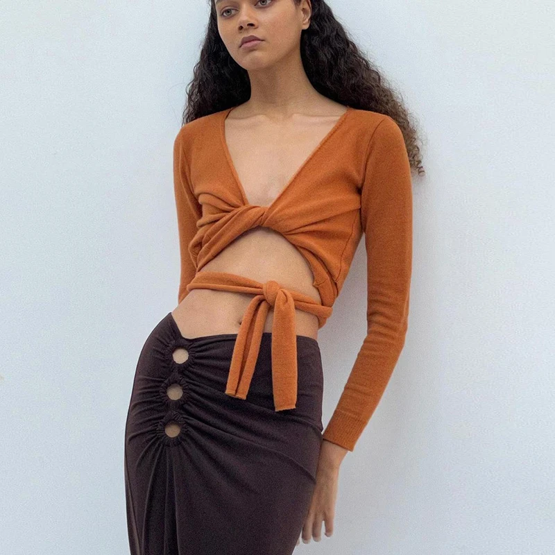 WannaThis Twist открытые бандажные Футболки с длинным рукавом v-образным вырезом