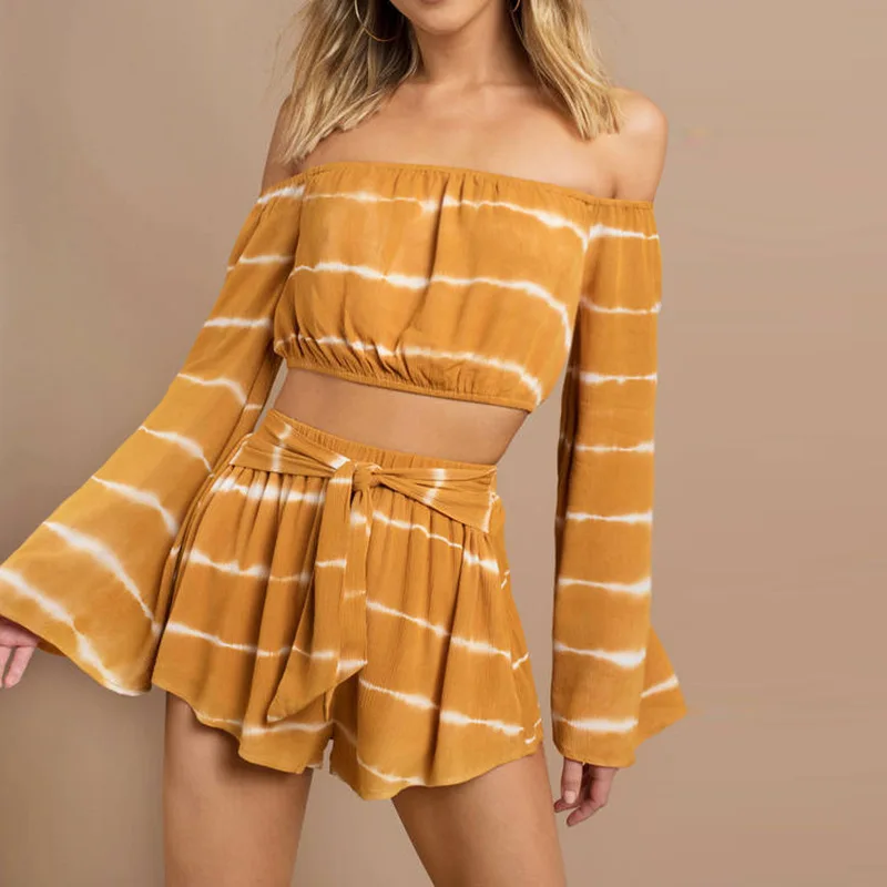 

Women Tie Dye Stripe Print 2 Piece Set Long Sleeve Shoulder Off Crop Top Shorts Fashion Ladies Flare Slim Ruched Pants Set New