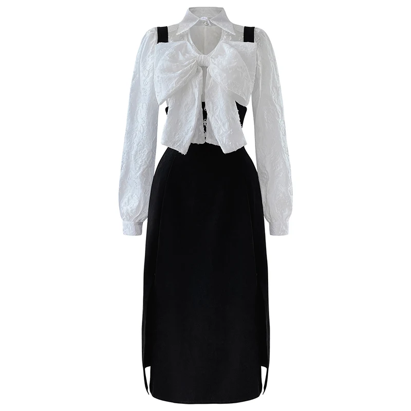 

Korean Design Women Outfits Sweet Vintage Bow White Shirt Lady Tops & Black Tank Dress For Elegant Lady Suits Matching Sets