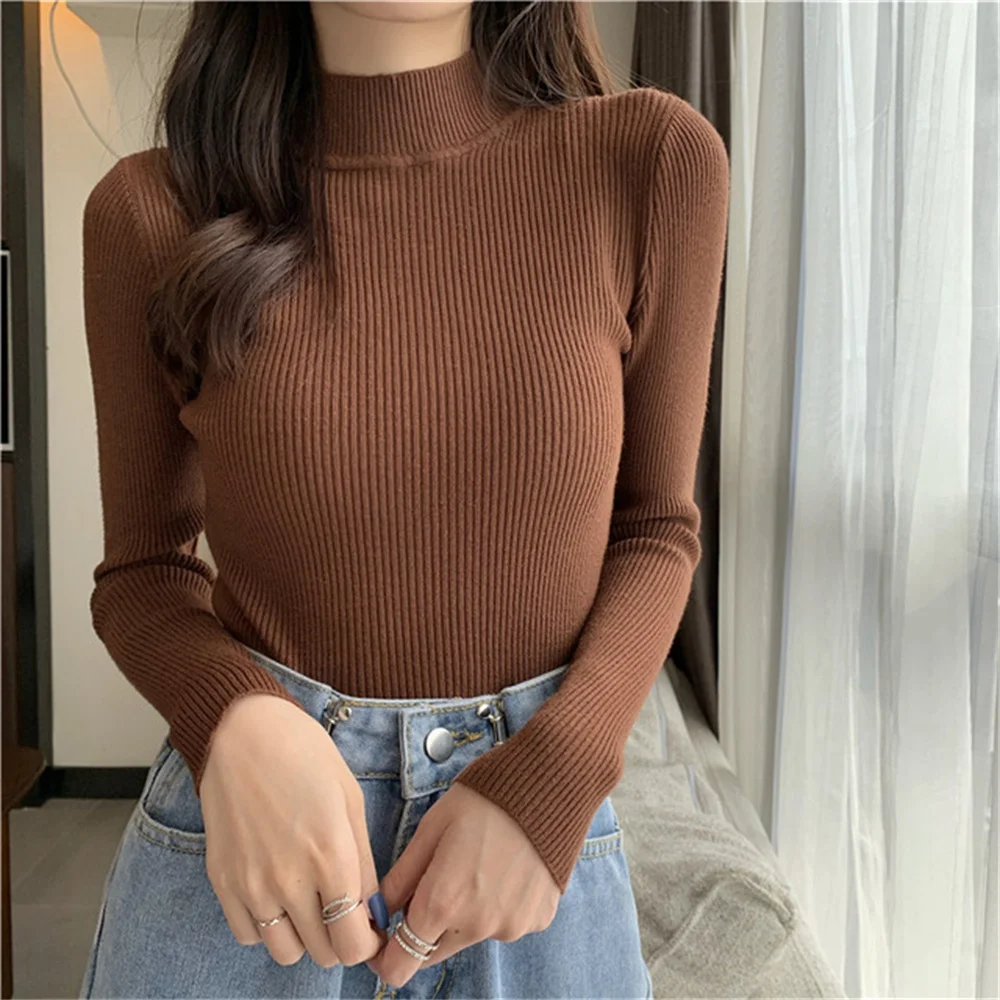 Autumn Winter New Women Turtleneck Close-fitting Sweater Solid  Simplicity Warm Inside Female Spring Base Knit Pullover
