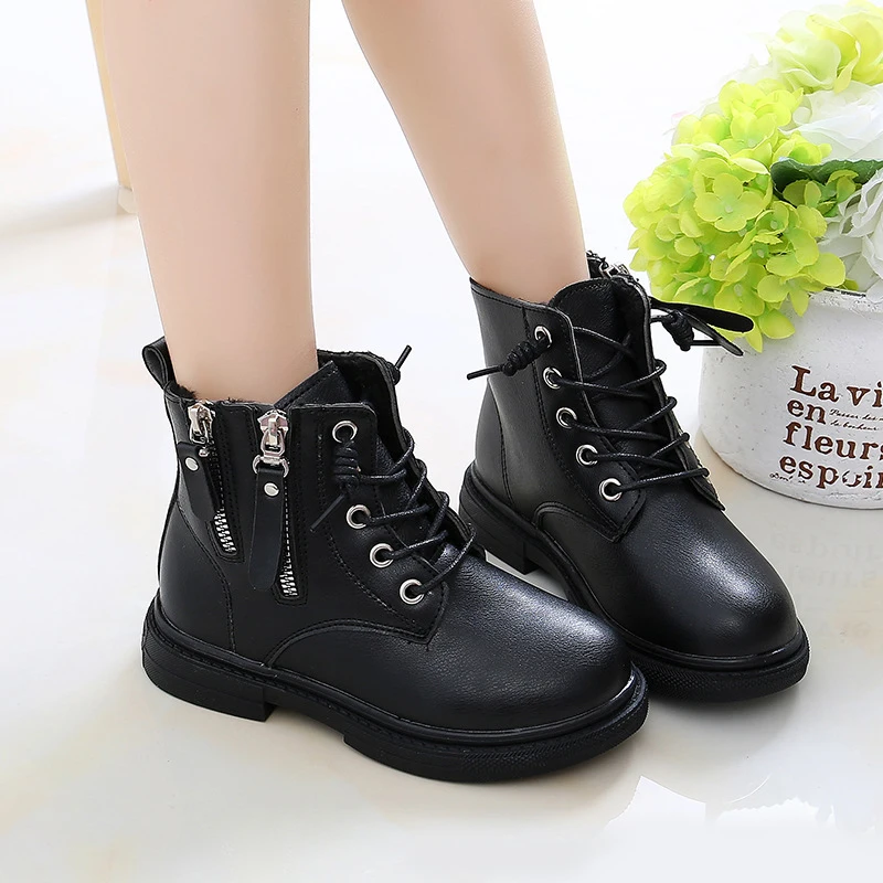 

Children's Martin Boots 2021 Autumn and Winter Leather Girls Boots Plus Velvet Warm Boys Shoes Zipper Kids Short Boot Size 26-37