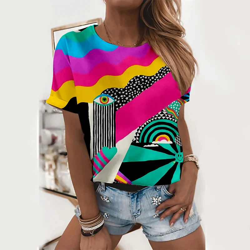Женская Повседневная футболка с круглым вырезом летняя абстрактным рисунком и