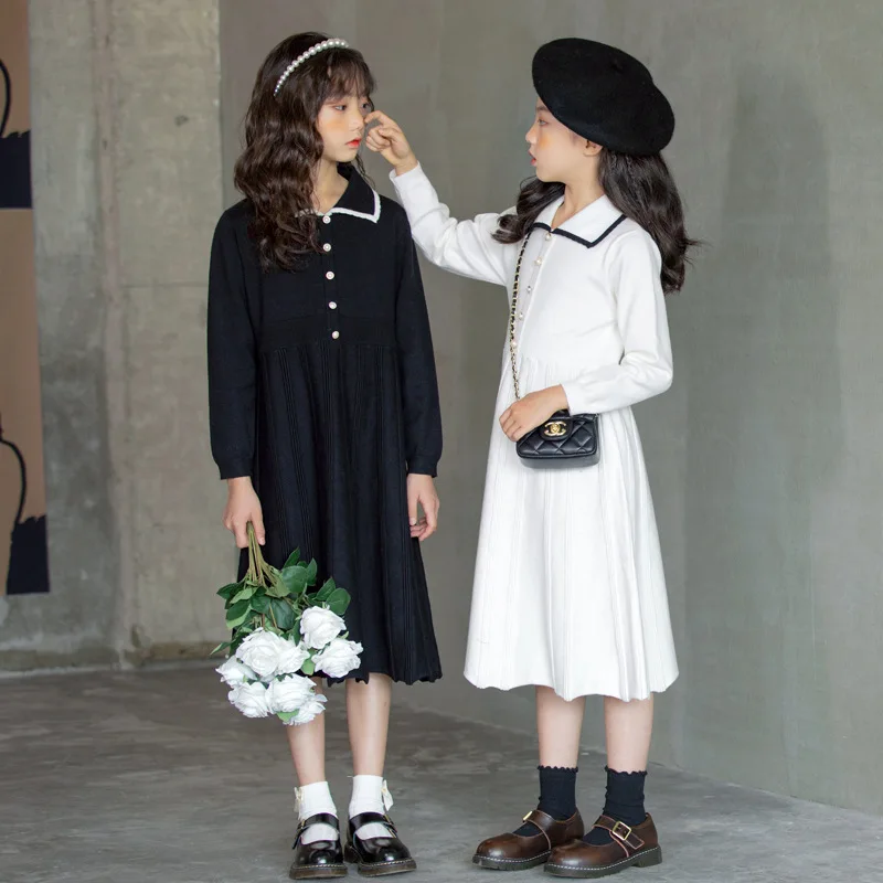 Платья для девочек-подростков Осенне-зимняя детская одежда Черно-белый школьный