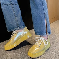 2021 super fashion women lovely candy colour platform genuine leather shining sneakers casual shoes aligator pattern laced up