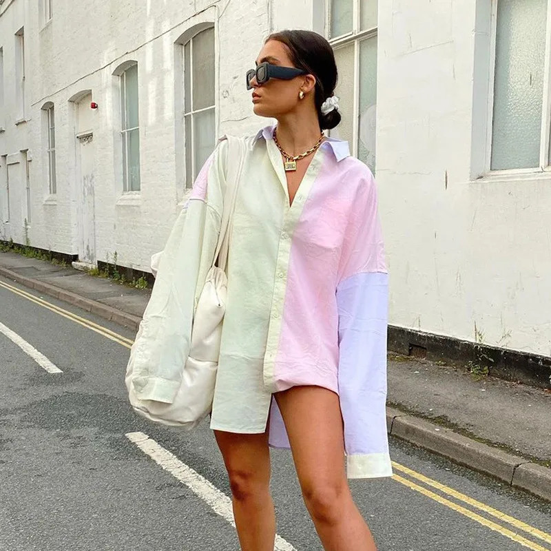 

2020 Fashion Womens Tops and Blouses Elegant Patchwork OL Shirt Oversized Blouse Autumn Trendy Colorful Long Sleeve Streetwear
