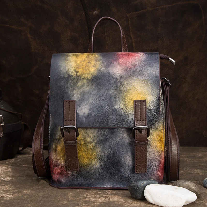 

First layer cowhide college backpack retro hand rubbing fashion trend multi functional backpack Travel Bag backpack women bags