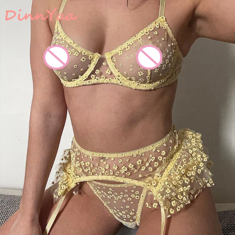 Кружевной желтый комплект нижнего белья женское прозрачное Сетчатое Прозрачное