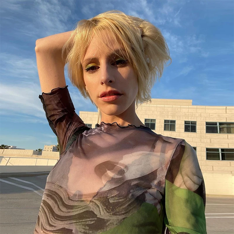 

Hand-Painted Printed Y2k Crop Top Women's Mesh T-Shirts Fashion 2021Summer Chic Short Sleeve Casual Pulovers Tees Shirt Outfits