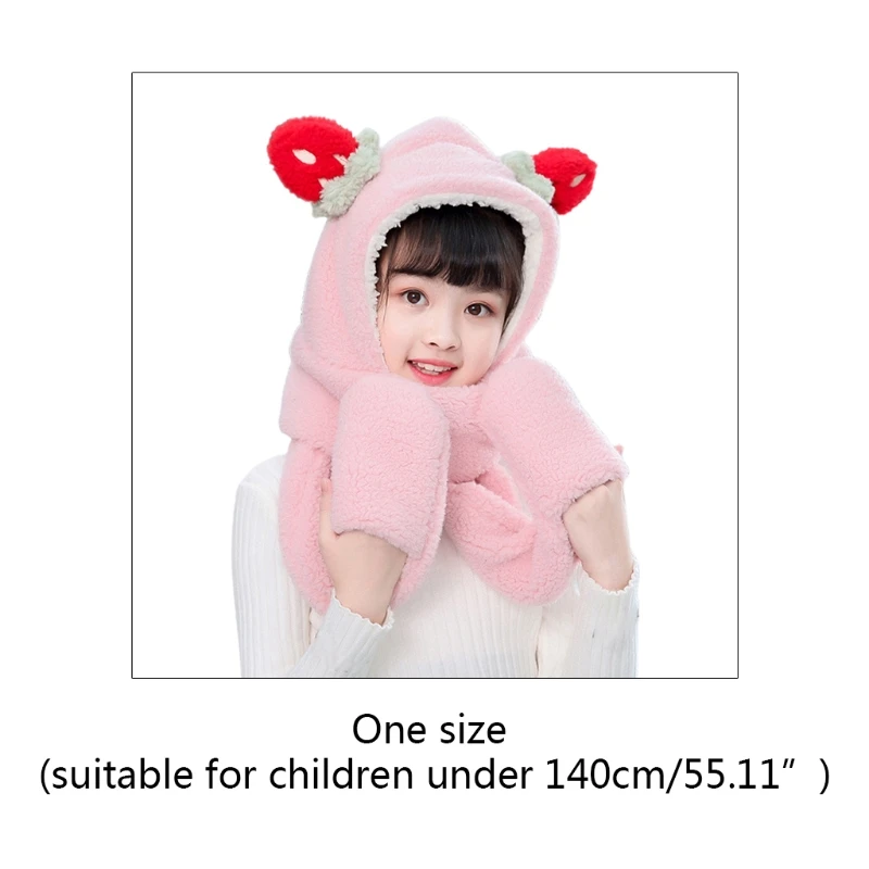 

Kids Winter Warm 3 In 1 Faux Fleece Hooded Scarf Hat Gloves Set Cute Strawberry Ears Thermal Earflap Cap Neck Warmer