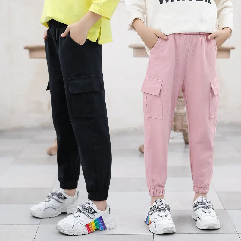 

Детские брюки-карго для девочек, спортивная одежда, черные, розовые, армейские, зеленые, цвета хаки, широкие брюки-карго для девочек-подростк...