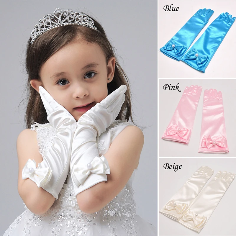 

Long Princess Dance Stage Gloves Satin Kids Girls Wedding Dress Costume Accessories with Bow Children 's Day Birthday Xmas Gifts