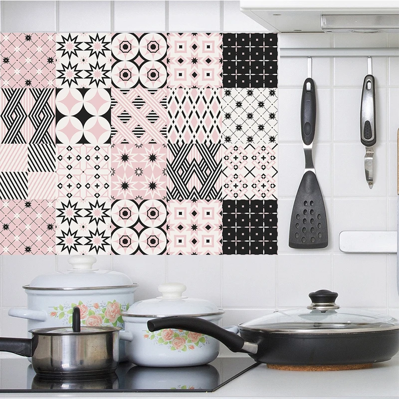 

Colorful geometric Tiles Wall Sticker Kitchen Bathroom Waterproof Tile Waist Line Wallpaper PVC Removable Art Mural