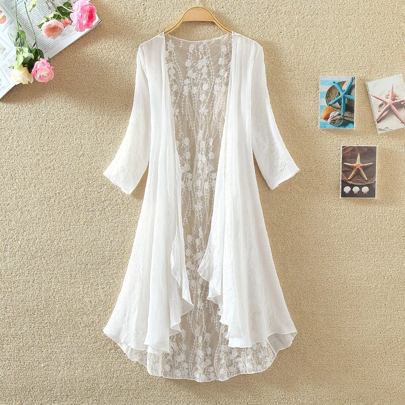 Women Lace Summer Cardigan Feminino Embroidery Blouse Long Shirt Off White Camisa Feminina 2020 Boho Korean New